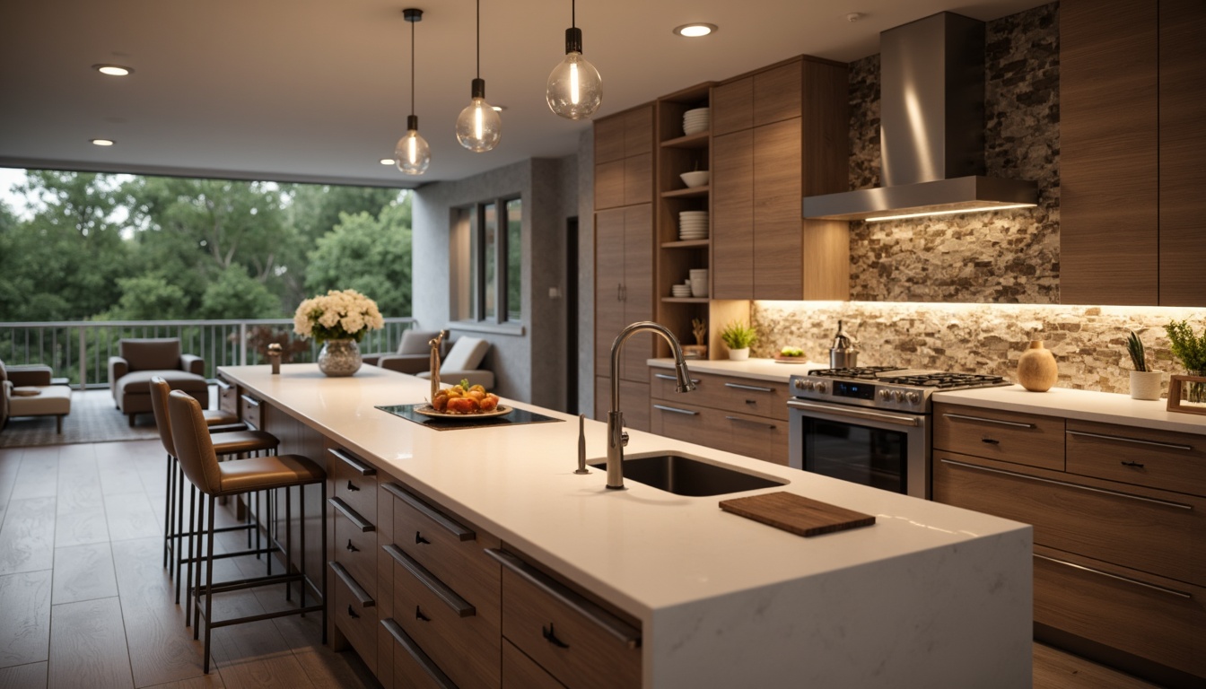 Prompt: Modern kitchen island, sleek quartz countertops, built-in sink, induction cooktop, ample storage cabinets, soft-close drawers, polished chrome hardware, pendant lighting fixtures, natural stone backsplash, earthy color scheme, warm ambient lighting, shallow depth of field, 2/3 composition, realistic textures, ambient occlusion.