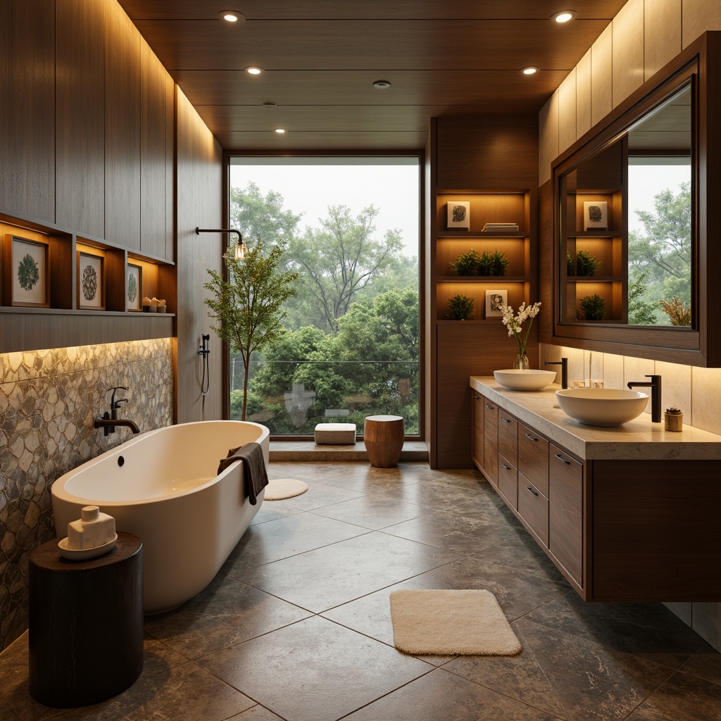 Prompt: Mid-century modern bathroom, sleek fixtures, polished chrome hardware, minimalist sink basins, wall-mounted faucets, geometric patterned tiles, natural stone flooring, warm LED lighting, spa-inspired ambiance, freestanding tubs, rain showerheads, handheld shower wands, built-in shelving, wooden cabinetry, greenery, botanical prints, earthy color palette, soft focus photography, 1/2 composition, atmospheric misting.