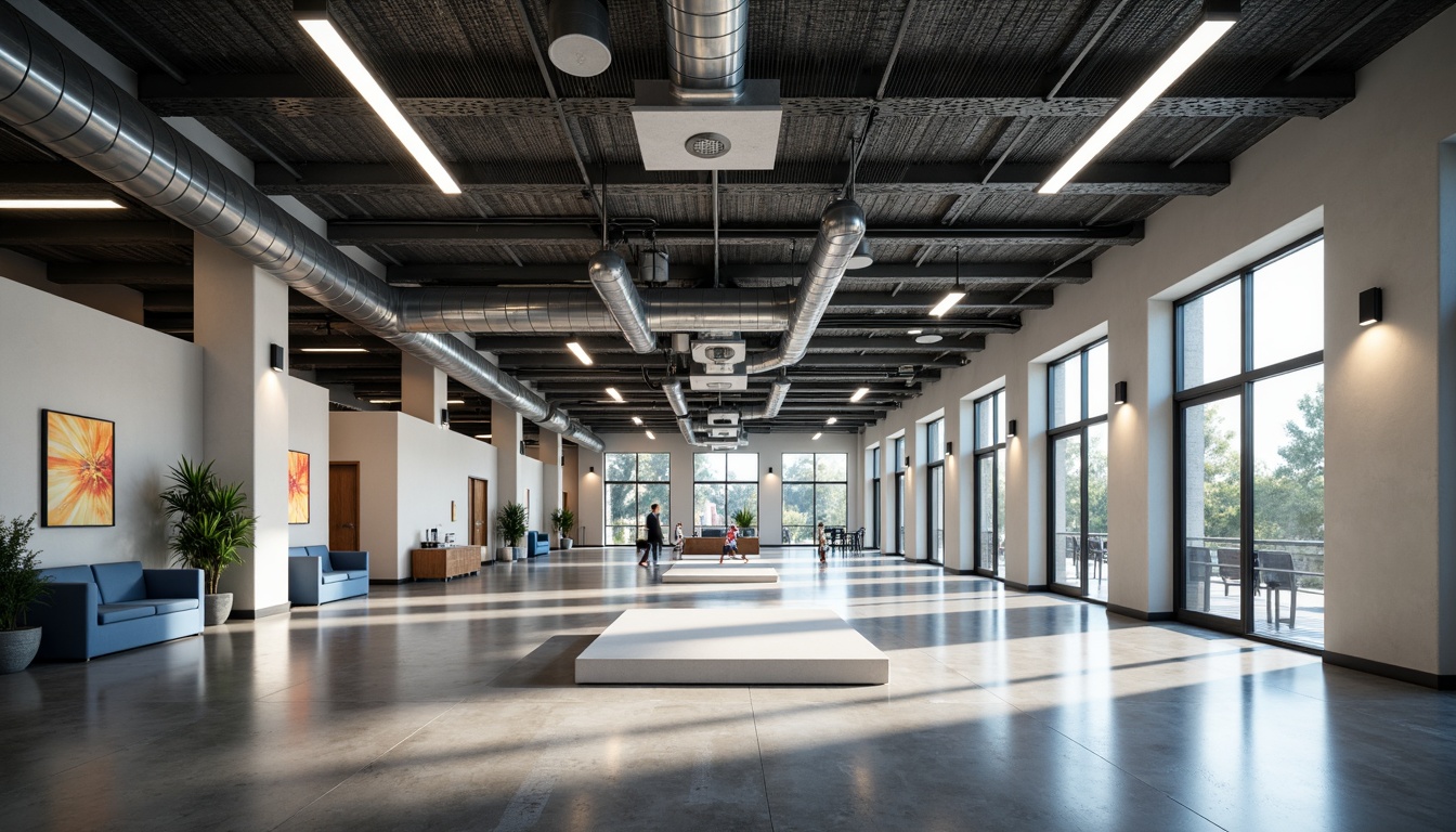 Prompt: Industrial-style hospital interior, exposed ductwork, polished concrete floors, steel beams, minimalist decor, functional lighting fixtures, LED strip lights, metal grid ceilings, large windows, natural daylight, soft warm glow, subtle color temperature, high-contrast shadows, realistic reflections, 1/1 composition, wide-angle lens, shallow depth of field.