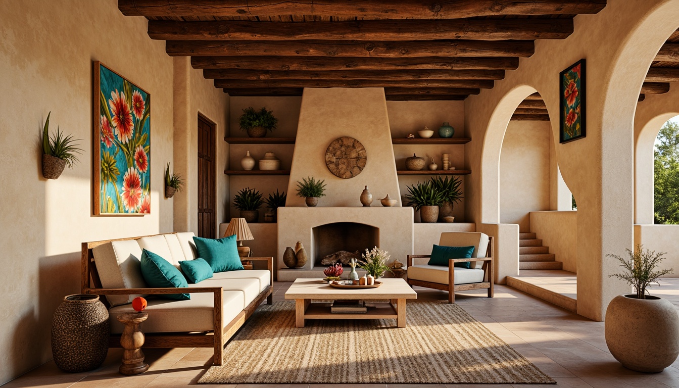 Prompt: Earthy adobe walls, rustic wooden beams, natural stone flooring, woven wool textiles, vibrant turquoise accents, hand-painted Talavera tiles, distressed leather furnishings, reclaimed wood shelving, desert-inspired botanical prints, warm golden lighting, soft earthy color palette, organic shapes, natural materials, cozy nooks, intimate ambiance, 1/2 composition, shallow depth of field, realistic textures.