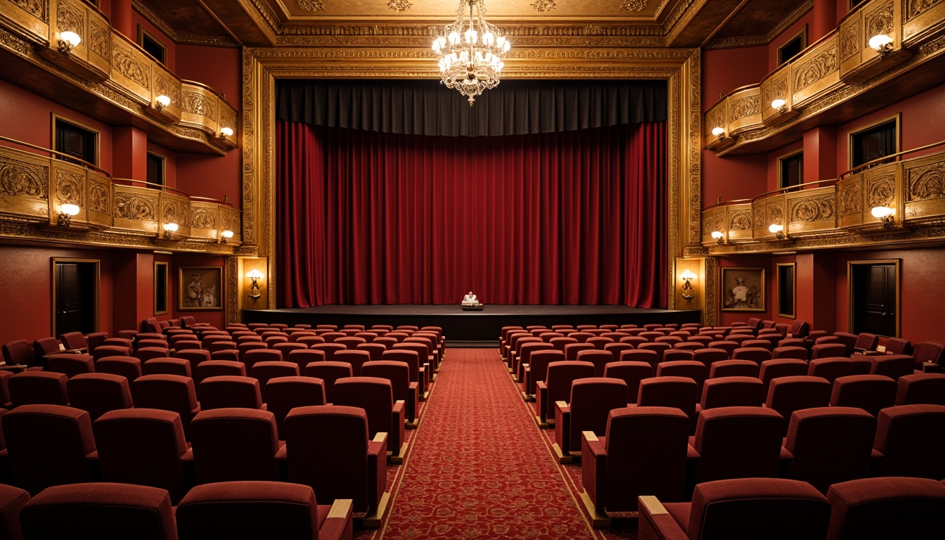 Prompt: Elegant theater interior, rich velvet curtains, ornate golden balconies, red carpet flooring, classic wooden seats, plush cushions, intricate carvings, luxurious fabric upholstery, subtle warm lighting, dramatic spotlights, grand chandelier, symmetrical seating arrangement, center aisle, comfortable legroom, optimal viewing angles, 2/3 composition, shallow depth of field, warm color palette, ornate moldings, traditional architectural details.