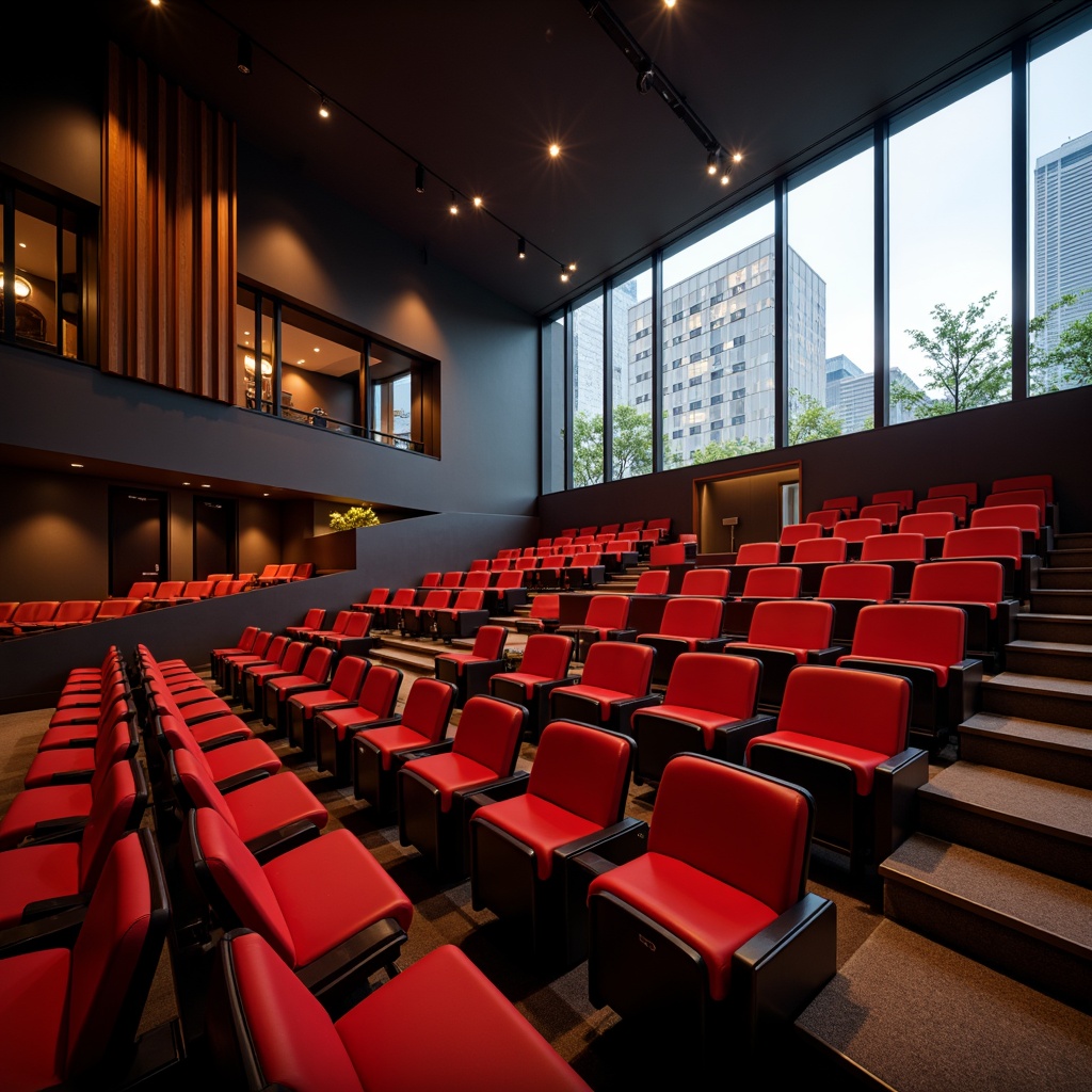 Prompt: Contemporary auditorium, sleek minimalist design, curved rows of seats, vibrant red upholstery, polished metal armrests, adjustable headrests, ergonomic seating, spacious legroom, tiered seating arrangement, subtle ambient lighting, warm LED illumination, acoustic panels, sound-absorbing materials, modern audiovisual equipment, retractable screens, floor-to-ceiling windows, urban cityscape views, 1/2 composition, shallow depth of field, soft focus background.