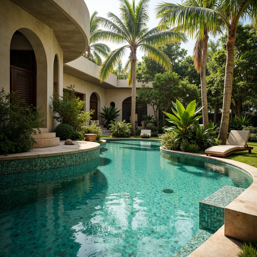 Prompt: Luxuriant Art Nouveau pool, iridescent turquoise waters, ornate ceramic tiles, intricate mosaics, sinuous curves, organic forms, lavish greenery, tropical plants, palm trees, vibrant floral patterns, soft golden lighting, warm sunny day, shallow depth of field, 1/2 composition, realistic water textures, ambient occlusion.