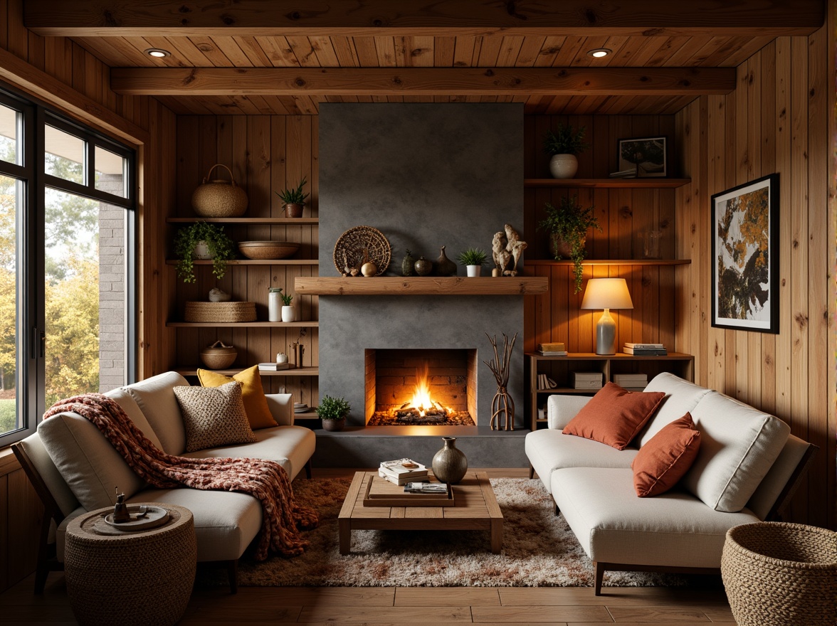 Prompt: Cozy cabin, wooden accents, plush throw blankets, woven baskets, natural fabrics, earthy tones, warm lighting, crackling fireplace, comfortable seating, soft cushions, velvety smoothness, organic patterns, nature-inspired designs, rustic charm, inviting atmosphere, autumnal colors, golden hues, snug retreat, peaceful ambiance, 3/4 composition, shallow depth of field, warm color palette.