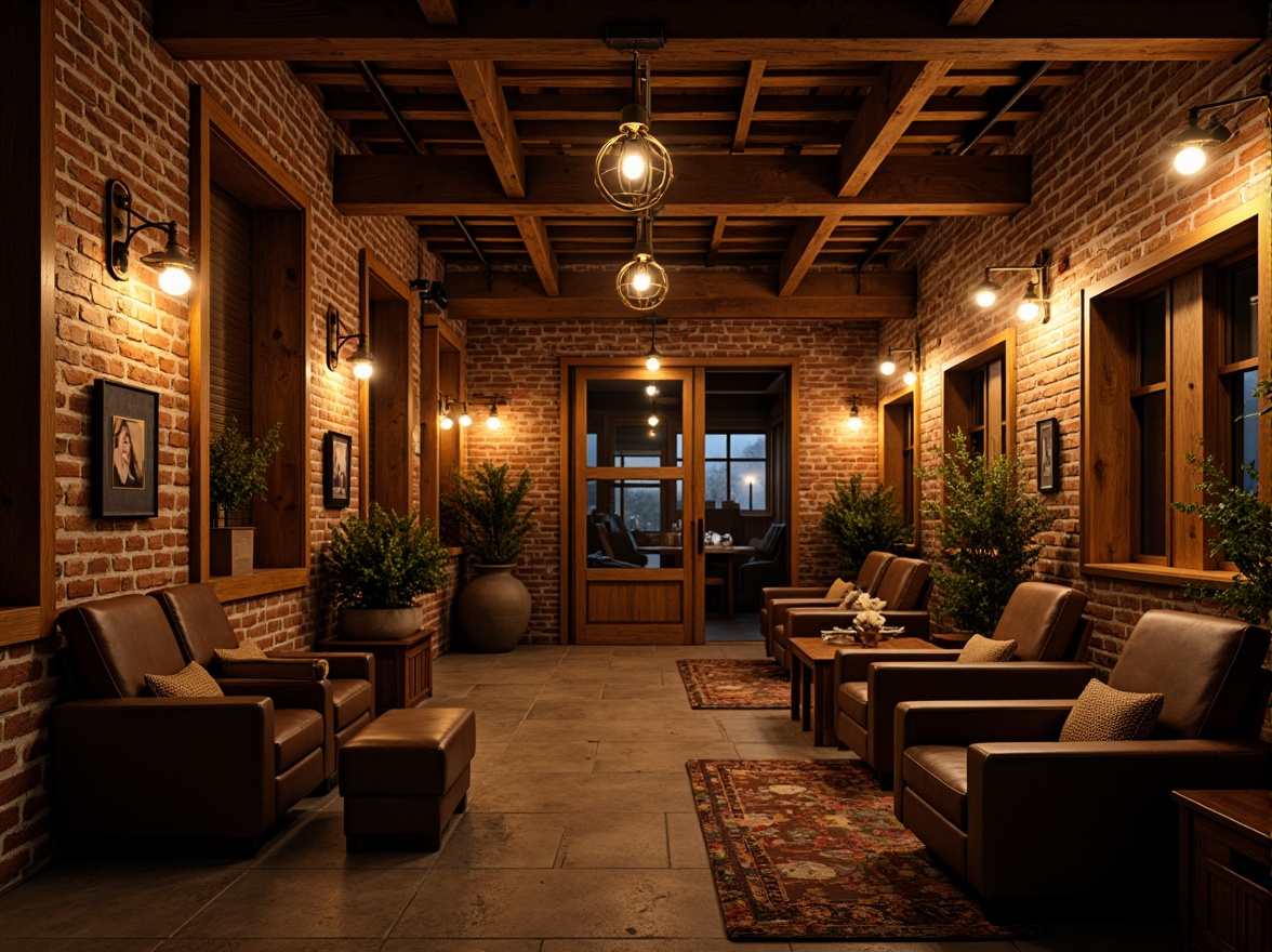 Prompt: Rustic cinema-inspired interior, distressed wooden accents, vintage metal lanterns, warm golden lighting, pendant lamps with Edison bulbs, exposed brick walls, reclaimed wood beams, metal cage shades, industrial-style fixtures, dimmable spotlights, rich brown leather furniture, natural stone flooring, earthy color palette, cozy intimate atmosphere, soft warm glow, cinematic ambiance.