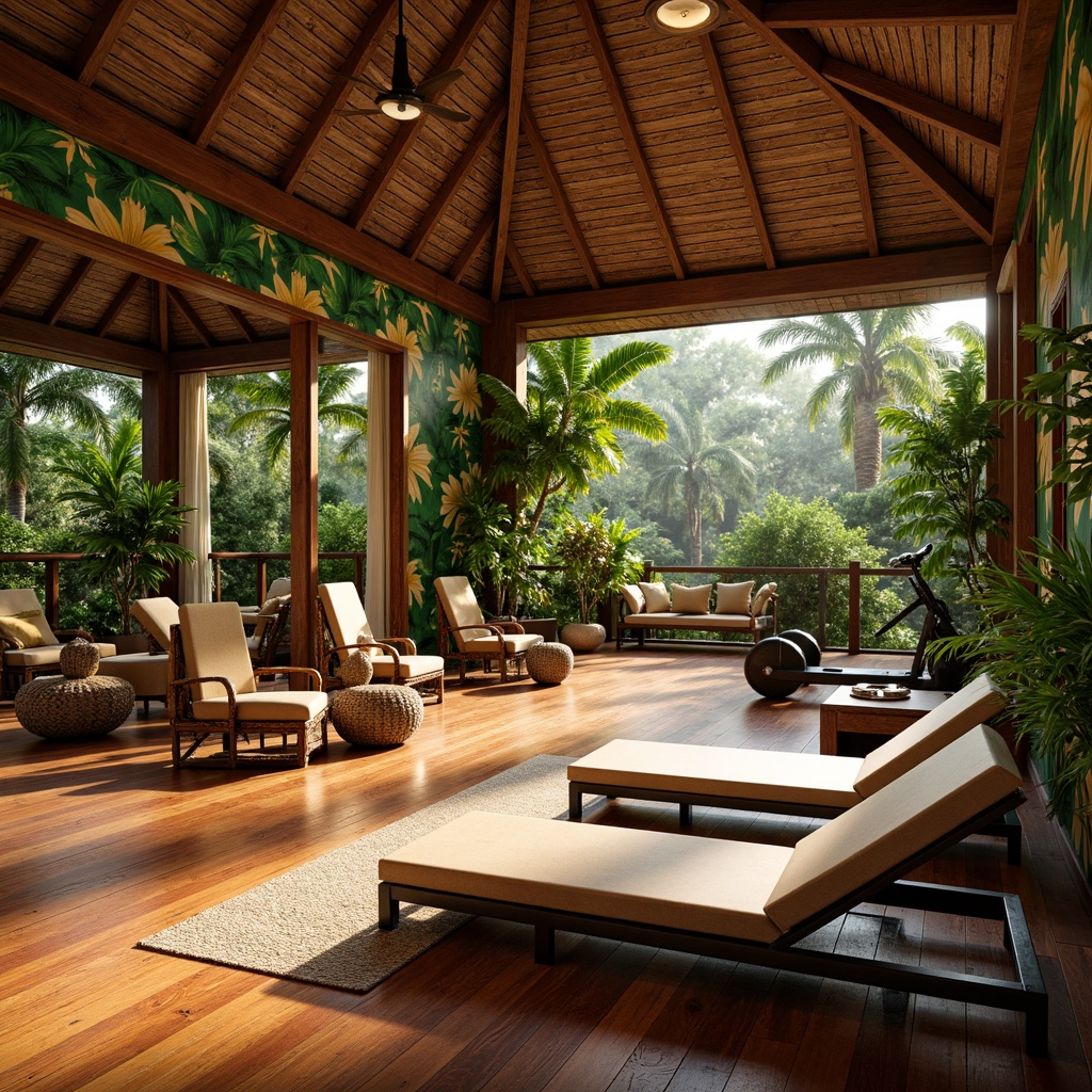 Prompt: Tropical style home gym, exotic hardwood flooring, polished wooden surfaces, natural fiber mats, bright color accents, lush greenery walls, vibrant floral patterns, modern exercise equipment, sleek metal frames, ergonomic workout stations, ambient warm lighting, shallow depth of field, 3/4 composition, realistic textures, rustic wood accents, woven rattan furniture, ocean-inspired decorative elements, calming beach ambiance, refreshing misting system.