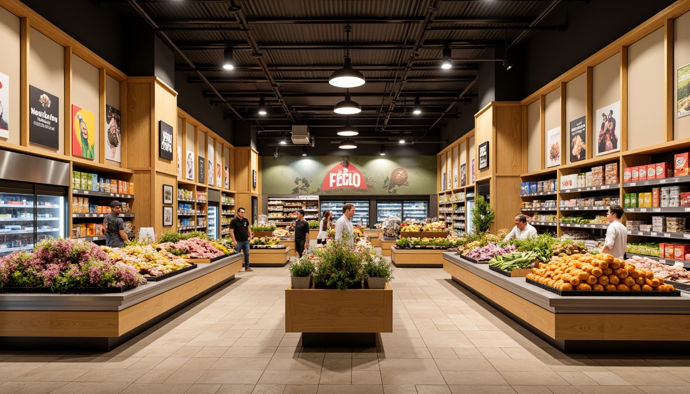 Prompt: Vibrant supermarket interior, warm beige walls, rich wood accents, appetizing food displays, fresh produce stands, colorful packaged goods, modern refrigeration units, sleek metal shelves, bold signage, inviting checkout counters, natural stone flooring, earthy tone ceramics, cozy ambient lighting, shallow depth of field, 1/1 composition, realistic textures, subtle reflections.