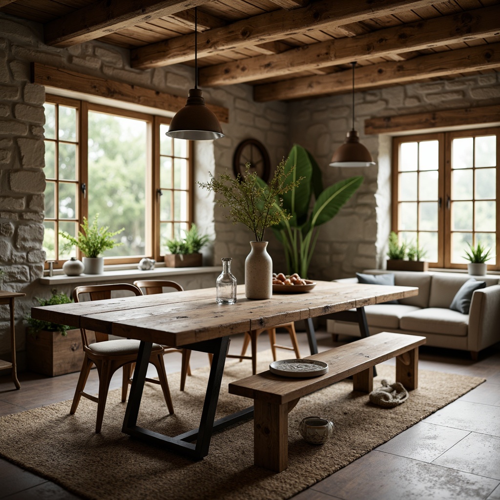 Prompt: Rustic farmhouse dining table, reclaimed wooden planks, distressed metal legs, vintage decorative accents, natural linen upholstery, earthy color palette, woven jute rug, pendant lighting fixtures, exposed beams, stone walls, cozy window nook, lush greenery, soft warm lighting, shallow depth of field, 3/4 composition, realistic textures, ambient occlusion.