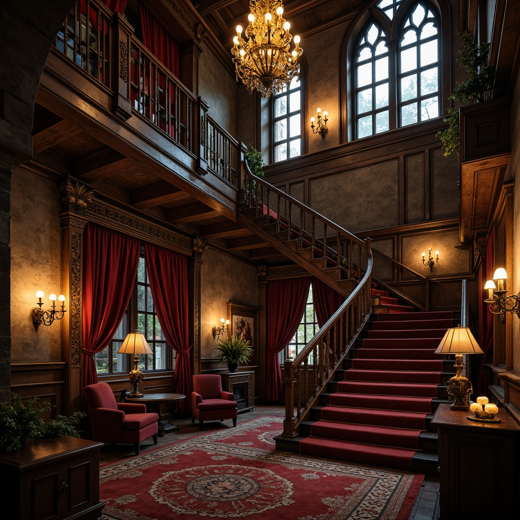 Prompt: Richly ornamented Gothic staircase, grand high ceilings, textured stone walls, mysterious dark wood tones, intricate carvings, ornate metal railings, dramatic chandelier lighting, warm candle glow, lavish red velvet drapes, medieval-inspired furnishings, mystical atmosphere, low-key warm lighting, shallow depth of field, 2/3 composition, cinematic view, highly detailed textures, ambient occlusion.