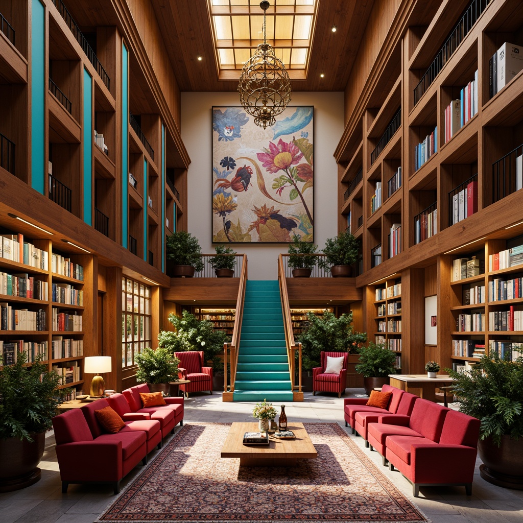 Prompt: Vibrant library interior, rich walnut wood shelving, bold turquoise accents, warm golden lighting, plush crimson armchairs, eclectic book collections, ornate metal fixtures, geometric patterned rugs, soft beige walls, dramatic high ceilings, grand staircase, whimsical art installations, cozy reading nooks, natural stone floors, abstract expressionist artwork, bold brushstroke murals, intricate molding details, elegant chandeliers, warm earthy tones, 1/1 composition, shallow depth of field, realistic textures.