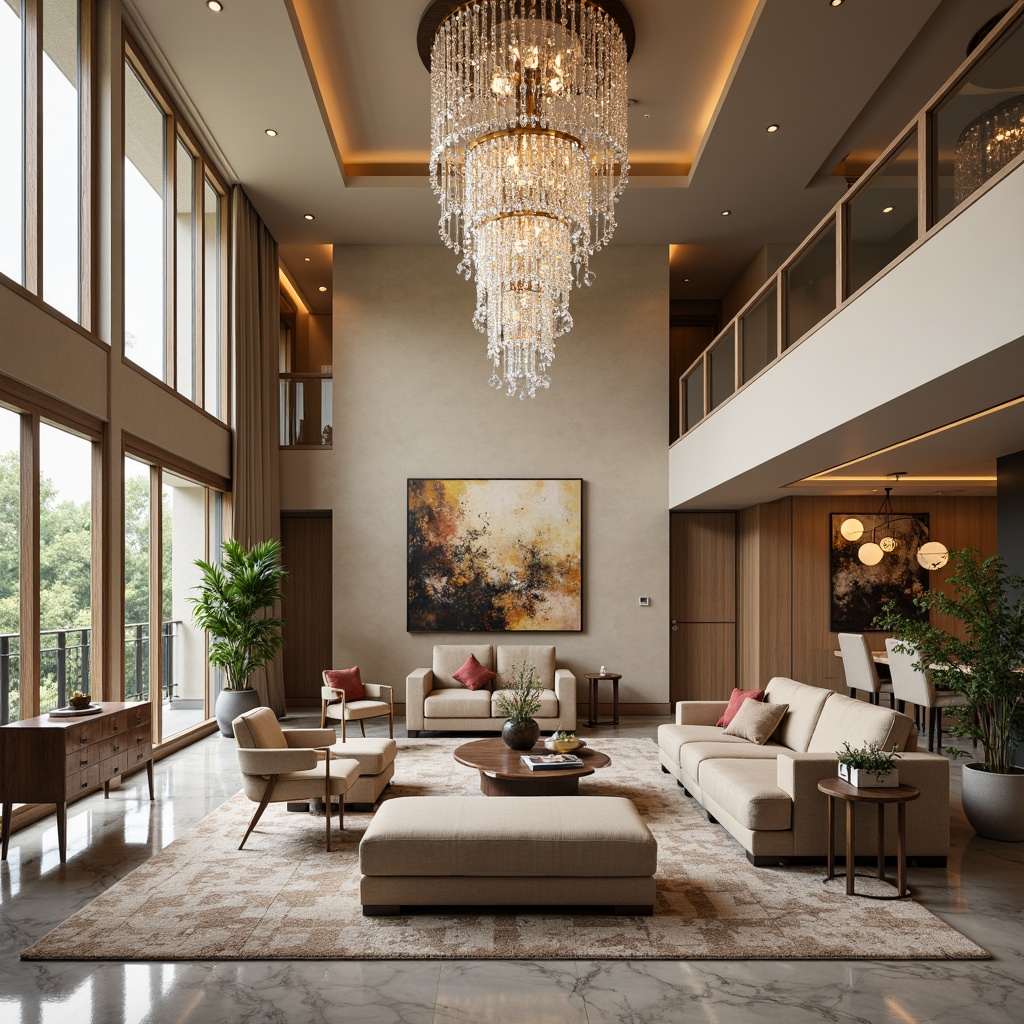 Prompt: Modern luxurious living room, high ceilings, marble flooring, crystal chandeliers, velvet sofas, abstract artwork, metallic accents, sleek coffee tables, floor-to-ceiling windows, natural light pouring in, warm beige walls, plush area rugs, ambient soft lighting, shallow depth of field, 1/1 composition, realistic textures, subtle color palette.