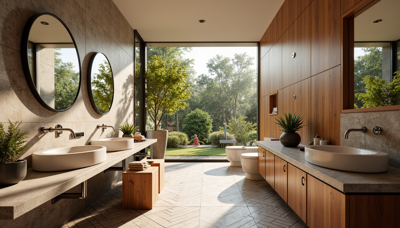 Prompt: Mid-century modern bathroom, sleek fixtures, minimalist faucets, wall-mounted sinks, geometric patterned tiles, warm wood accents, natural stone countertops, large format windows, abundant daylight, soft warm lighting, 3/4 composition, realistic textures, ambient occlusion.