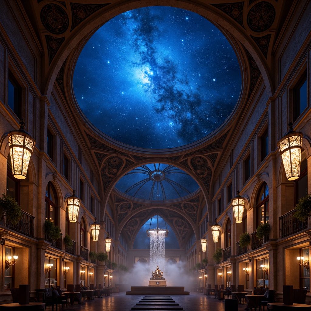 Prompt: Dark blue planetarium dome, starry night sky, mystical ambiance, ornate Gothic arches, vaulted ceilings, grand chandeliers, crystal droplets, golden accents, luxurious velvet drapes, rich wood paneling, intricate stone carvings, mysterious fog effects, soft warm lighting, dramatic spotlighting, 3/4 composition, high contrast ratio, cinematic atmosphere, realistic reflections, ambient occlusion.