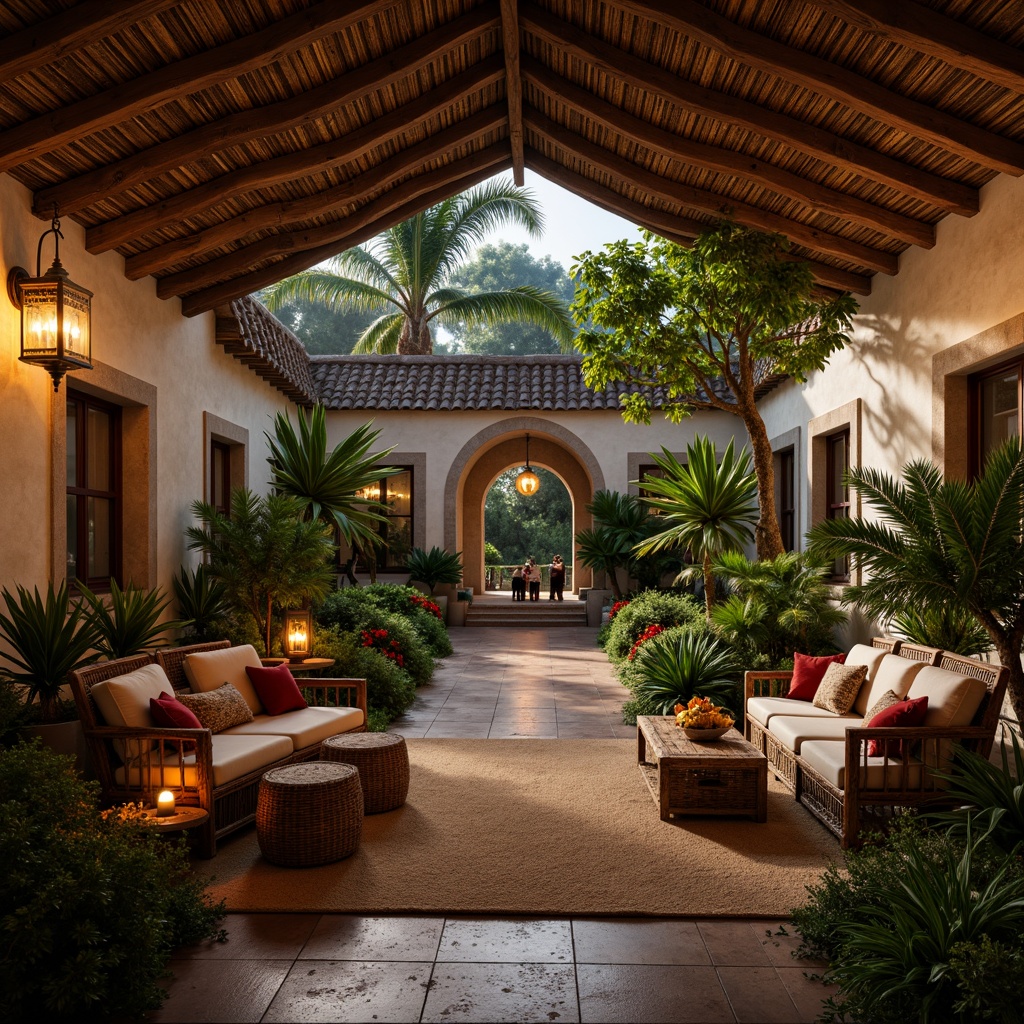 Prompt: Warm monastery courtyard, lush tropical greenery, exotic flowers, rustic stone walls, wooden beam ceilings, natural fiber textiles, woven rattan furniture, distressed wood accents, warm candle lighting, lantern-style fixtures, pendant lamps, metal lanterns, glass jar chandeliers, ambient soft glow, warm color temperature, subtle shadows, 1/1 composition, intimate atmosphere, realistic textures, ambient occlusion.