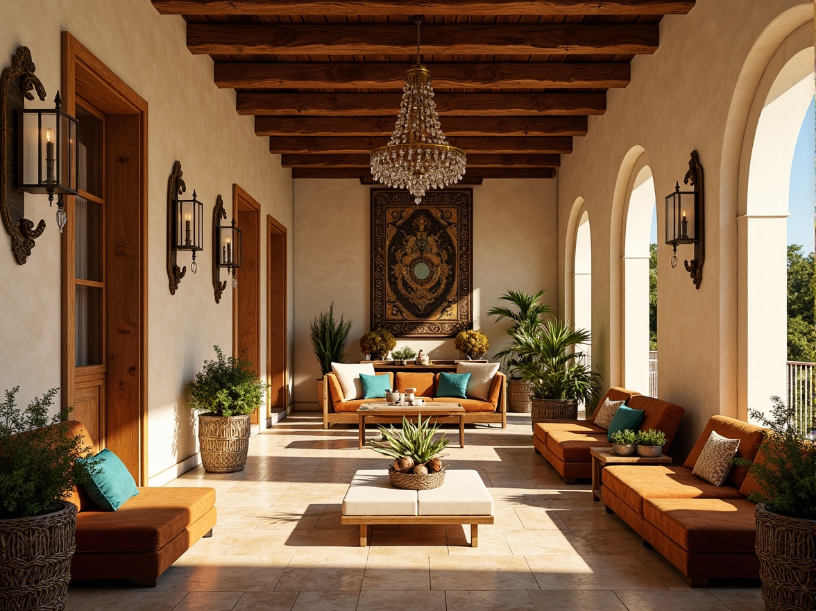 Prompt: Warm Mediterranean interior, creamy stone walls, rustic wooden beams, ornate tile floors, plush velvet sofas, rich tapestries, elegant archways, grand chandeliers, crystal drop pendants, bronze sconces, ambient warm lighting, soft golden glow, decorative metalwork, intricate carvings, luxurious fabrics, vibrant turquoise accents, sunny day, shallow depth of field, 1/1 composition, realistic textures, ambient occlusion.