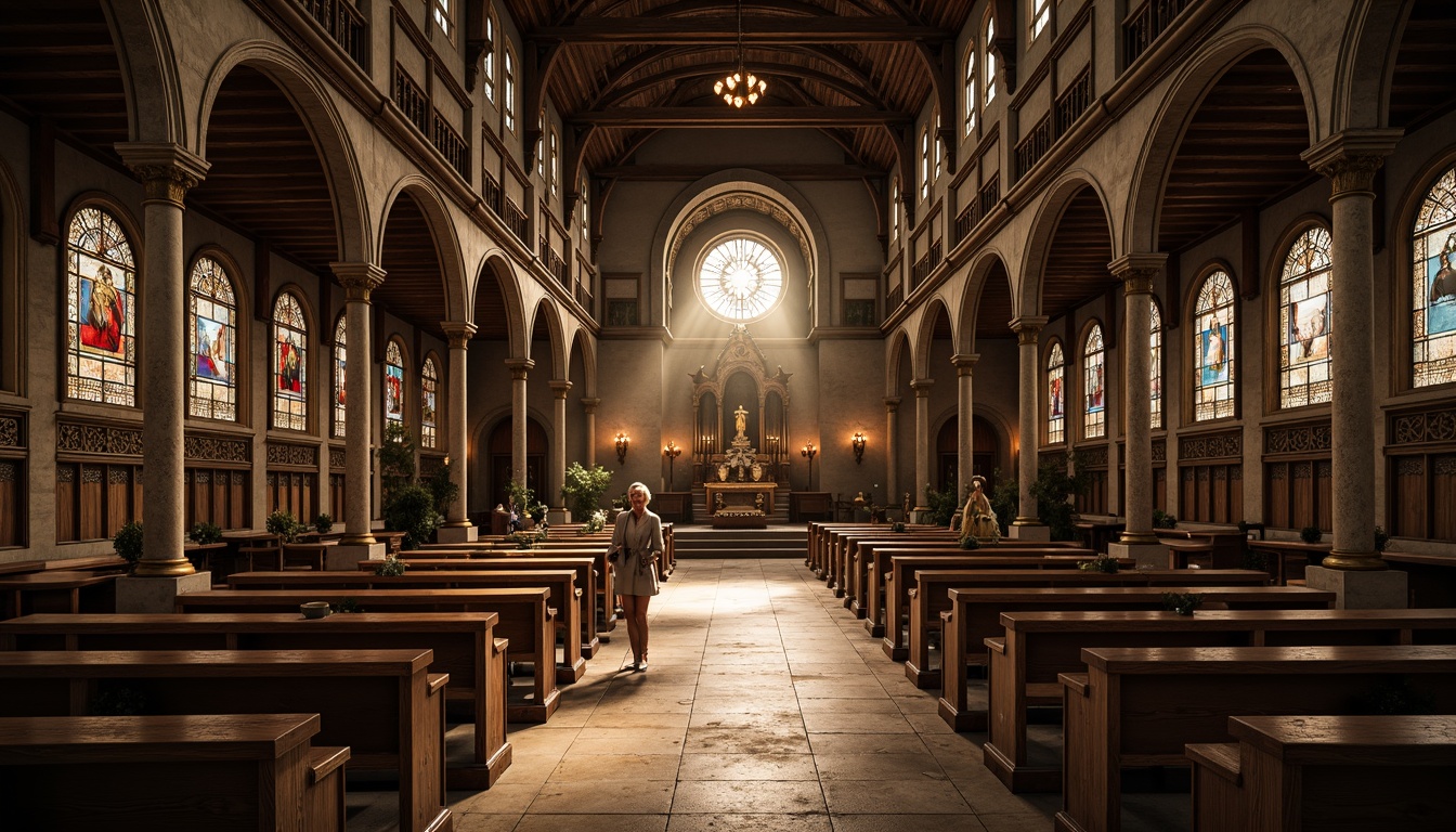 Prompt: Rustic wooden pews, ornate stone carvings, stained glass windows, grand altar, vaulted ceilings, traditional religious symbols, earthy tone color palette, natural materials, distressed wood textures, warm candle lighting, soft shadows, shallow depth of field, 1/2 composition, realistic render, ambient occlusion, peaceful atmosphere, serene ambiance, subtle God rays, dramatic archways, intricate wooden details.