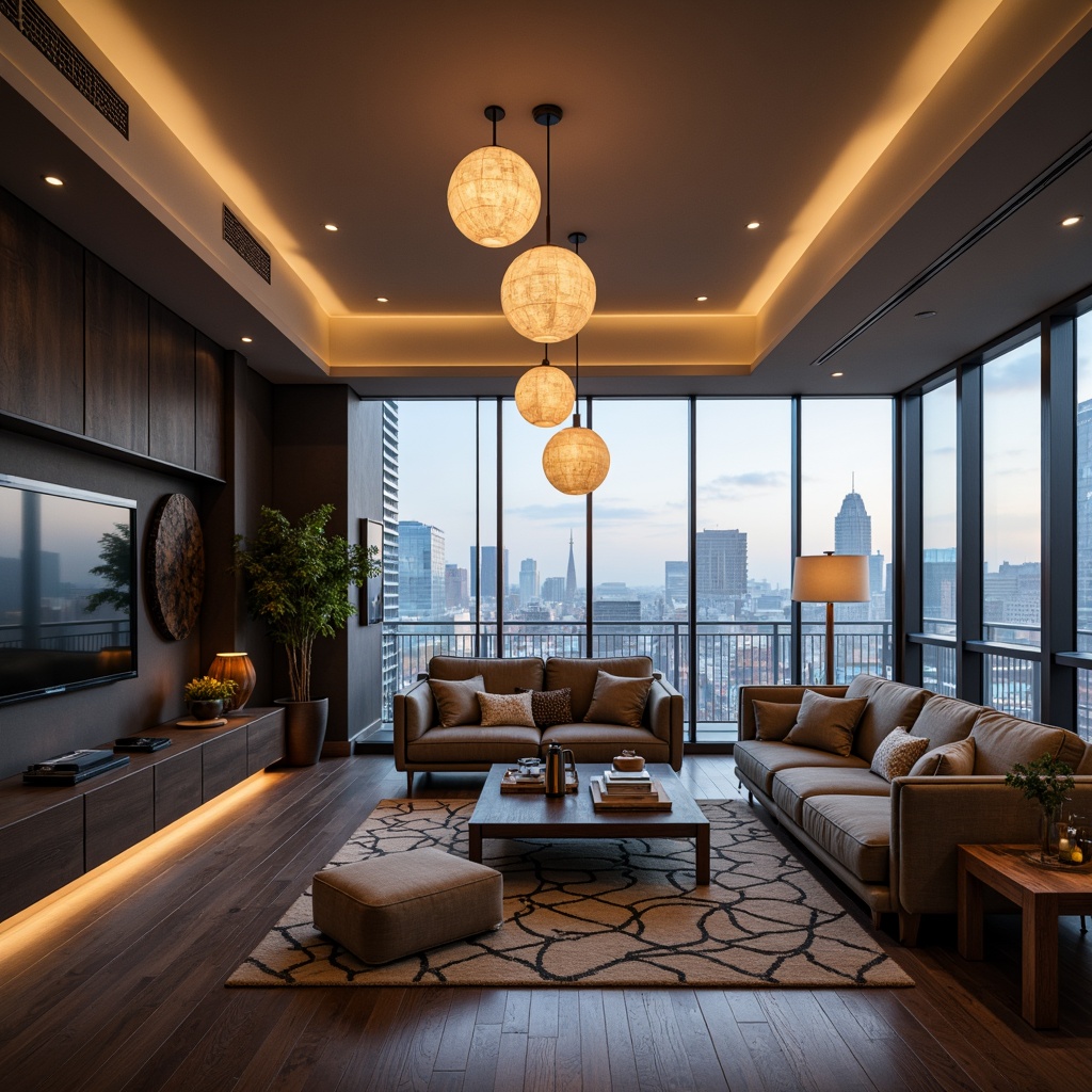 Prompt: Modern living room, sleek minimalist decor, unique lighting fixtures, pendant lamps, spherical shapes, metallic finishes, warm ambient glow, cozy atmosphere, plush sofas, wooden coffee tables, geometric-patterned rugs, floor-to-ceiling windows, cityscape views, soft boxy shadows, 1/1 composition, high-key lighting, realistic reflections.