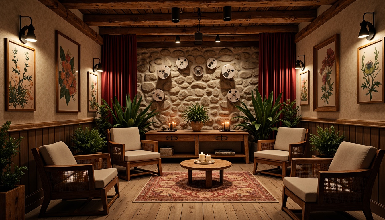 Prompt: Rustic cinema interior, reclaimed wood accents, natural stone walls, earthy color palette, cozy ambient lighting, plush velvet curtains, vintage film reels, wooden director's chairs, woven wicker furniture, botanical prints, potted plants, distressed metal signs, wooden flooring, warm candlelight, shallow depth of field, 1/1 composition, soft focus effect, organic textures, subtle camera movements.