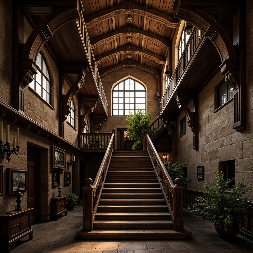 Prompt: Richly ornamented Gothic staircase, grand high ceilings, intricately carved wooden banisters, ornate metal railings, mysterious dark corridors, textured stone walls, rustic medieval atmosphere, warm golden lighting, dramatic shadows, 1/1 composition, realistic render, ambient occlusion, intricate architectural details.