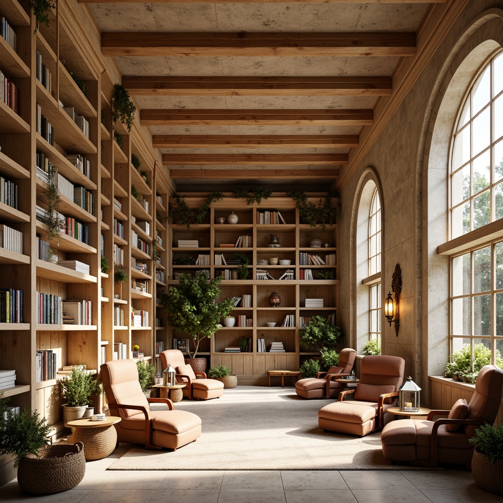 Prompt: Warm beige bookshelves, distressed wood accents, ornate metal brackets, curved lines, decorative arches, soft warm lighting, cozy reading nooks, plush velvet armchairs, vintage-inspired lanterns, rustic stone walls, earthy color palette, natural textiles, woven baskets, potted plants, large windows, bright sunny day, shallow depth of field, 1/1 composition, realistic wood textures, ambient occlusion.