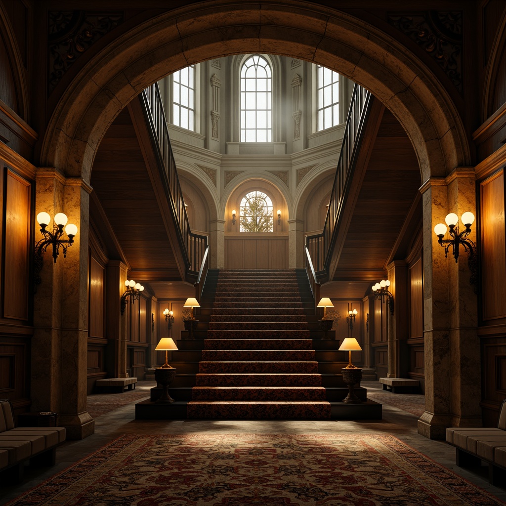 Prompt: Grandiose staircase, ornate archways, ribbed vaults, pointed Gothic arches, intricate stone carvings, mysterious candlelit ambiance, richly patterned rugs, dark wood paneling, majestic chandeliers, dramatic shadow play, warm golden lighting, atmospheric fog effect, cinematic composition, high-contrast imagery, detailed textures, realistic reflections.