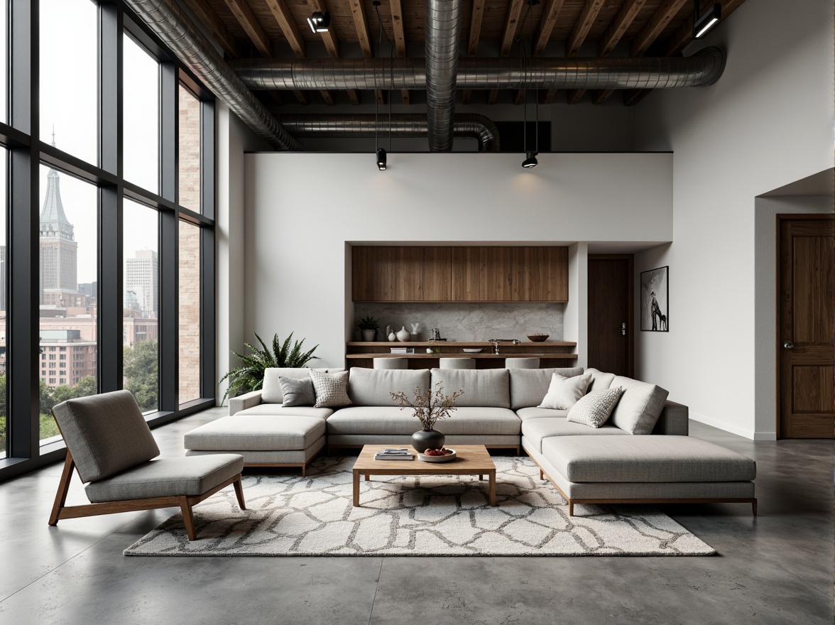 Prompt: Modern minimalist living room, polished concrete floors, industrial chic decor, sleek low-profile furniture, urban loft atmosphere, exposed ductwork, reclaimed wood accents, monochromatic color scheme, dramatic floor-to-ceiling windows, natural light pouring in, subtle texture contrast, matte finish, geometric patterned area rug, Scandinavian-inspired design, cozy ambient lighting, 1/1 composition, realistic reflections.