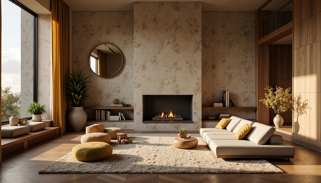 Prompt: Luxurious living room, textured wallpaper, rich velvet drapes, warm golden lighting, ornate mirrors, plush area rugs, cozy reading nook, floor-to-ceiling windows, natural stone fireplace, wooden accent walls, modern minimalist furniture, soft warm beige colors, 1/2 composition, subtle shadowing, realistic textures.