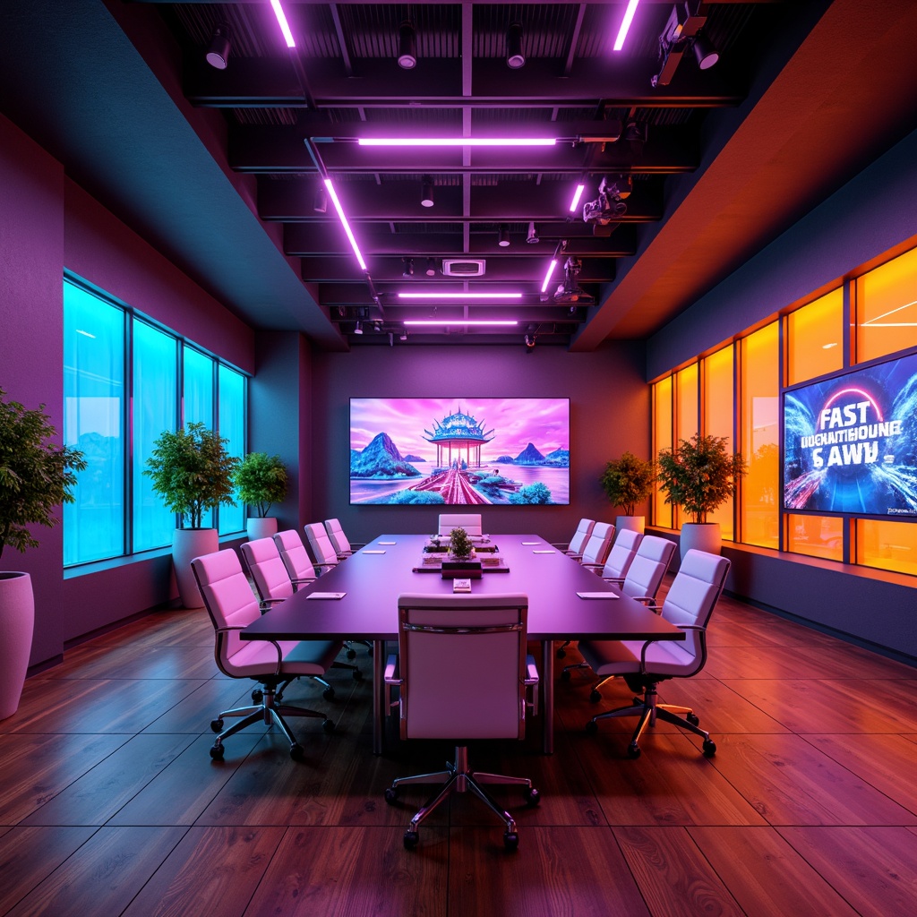 Prompt: Vibrant business conference room, modern sleek furniture, bold contrasting colors, bright accent walls, polished wooden floors, minimalist decor, professional atmosphere, natural daylight, subtle gradient effects, 3D visualizations, futuristic neon lights, dynamic shapes, abstract patterns, high-contrast typography, energetic color scheme, stimulating ambiance, innovative design elements, state-of-the-art technology integration.