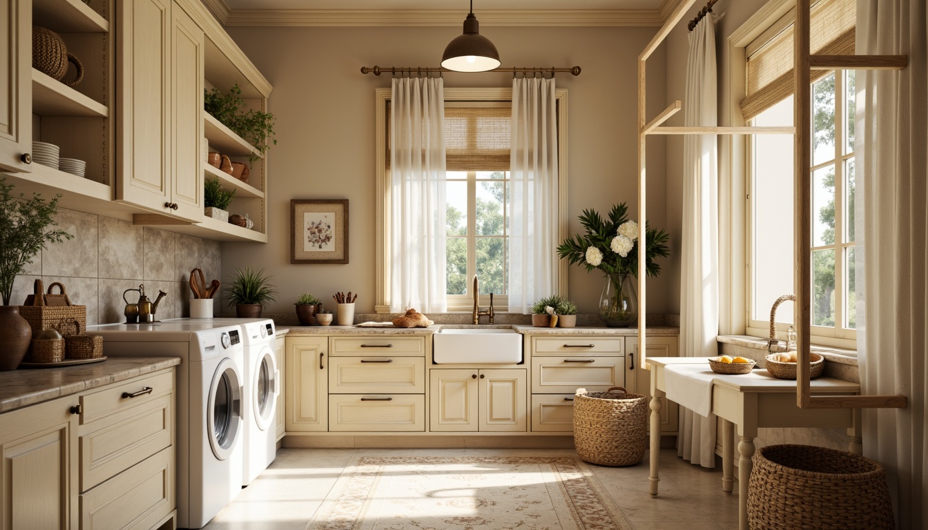 Prompt: Elegant laundry room, soft warm lighting, cream-colored cabinets, ornate metal fixtures, marble countertops, porcelain sinks, vintage-inspired washing machines, distressed wood shelving, woven wicker baskets, natural linen textiles, subtle floral patterns, warm beige walls, classic architectural details, shallow depth of field, 1/1 composition, realistic reflections, ambient occlusion.