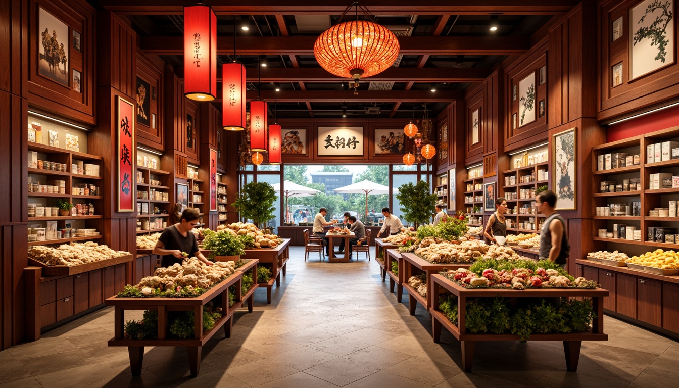 Prompt: Vibrant Asian-inspired grocery store, traditional lanterns, intricately carved wooden accents, bold red and gold hues, natural stone flooring, modern minimalist shelving, eclectic mix of cultural artifacts, lively marketplace atmosphere, soft warm lighting, shallow depth of field, 1/2 composition, realistic textures, ambient occlusion.