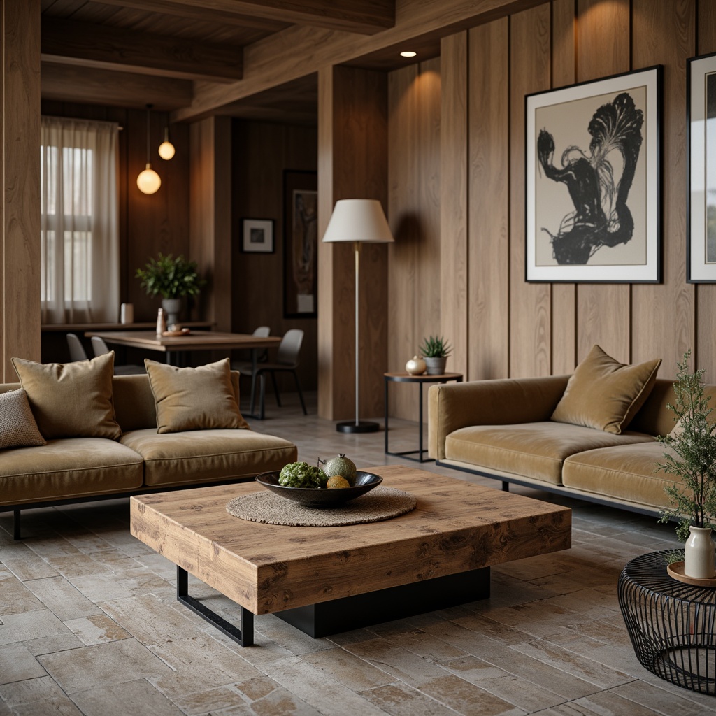 Prompt: Modern living room furniture, sleek wooden coffee table, plush velvet sofas, abstract art pieces, minimalist metal chairs, industrial-style pendant lamps, natural stone flooring, earthy color palette, warm ambient lighting, shallow depth of field, 3/4 composition, realistic textures, soft focus effect.