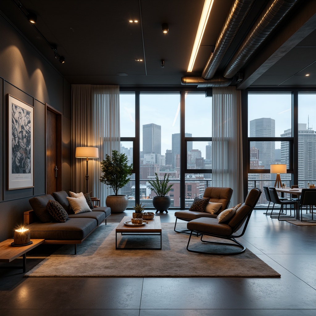 Prompt: Modern living room, sleek lines, minimalist decor, polished concrete floors, floor-to-ceiling windows, urban cityscape views, pendant lamps, geometric shapes, matte black finishes, warm soft lighting, cozy ambiance, recessed ceiling lights, ambient glow, LED strips, under-cabinet lighting, industrial chic, exposed ductwork, monochromatic color scheme, Scandinavian-inspired furniture, natural textiles, abstract artwork.