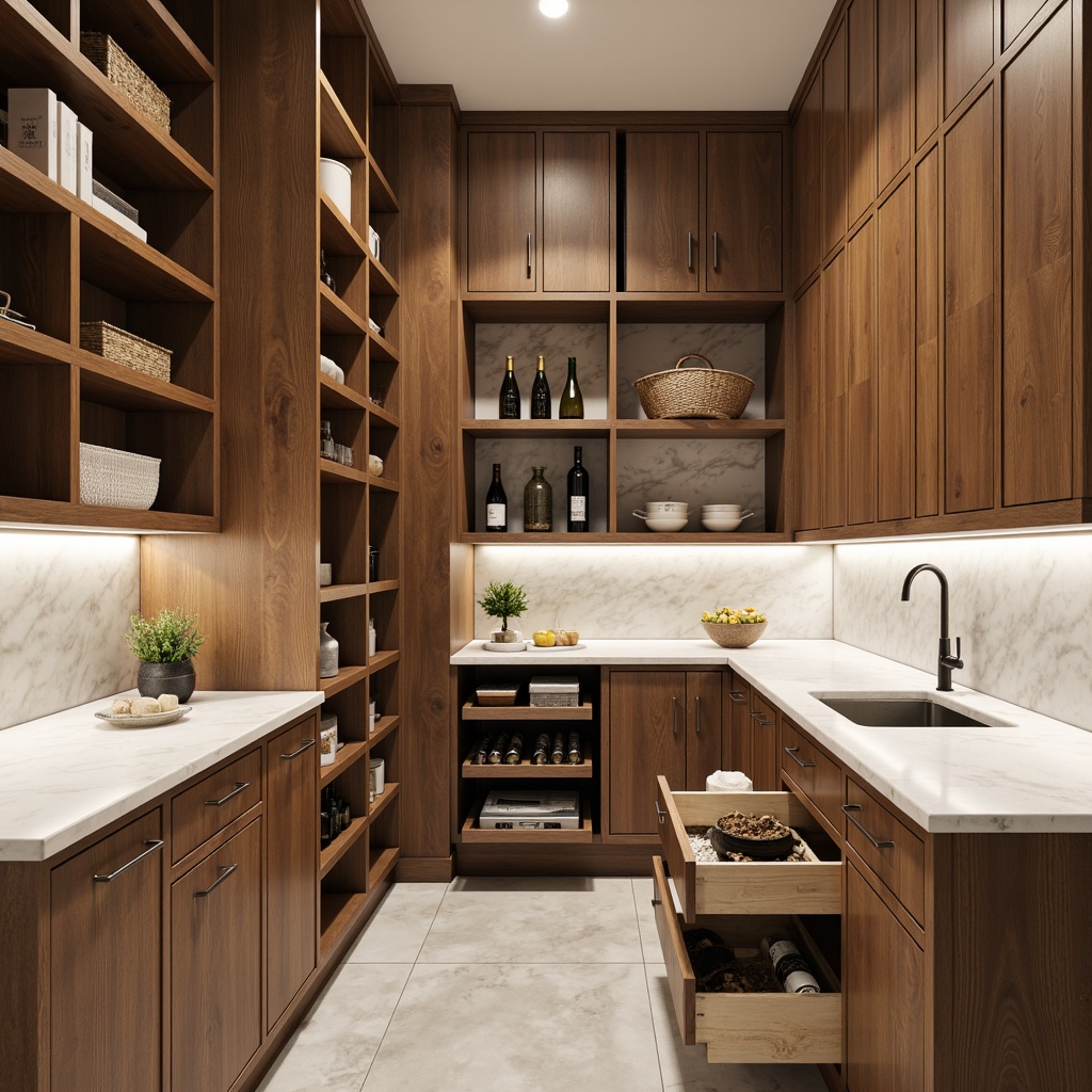 Prompt: Modern pantry, sleek wooden cabinets, pull-out shelves, adjustable storage bins, chrome handles, soft-close drawers, spice racks, wine storage, marble countertops, recessed lighting, open shelving, decorative baskets, natural wood accents, minimalist design, ample storage space, corner carousel units, slide-out trash cans, built-in coffee stations, warm neutral color scheme, shallow depth of field, 3/4 composition, realistic textures, ambient occlusion.