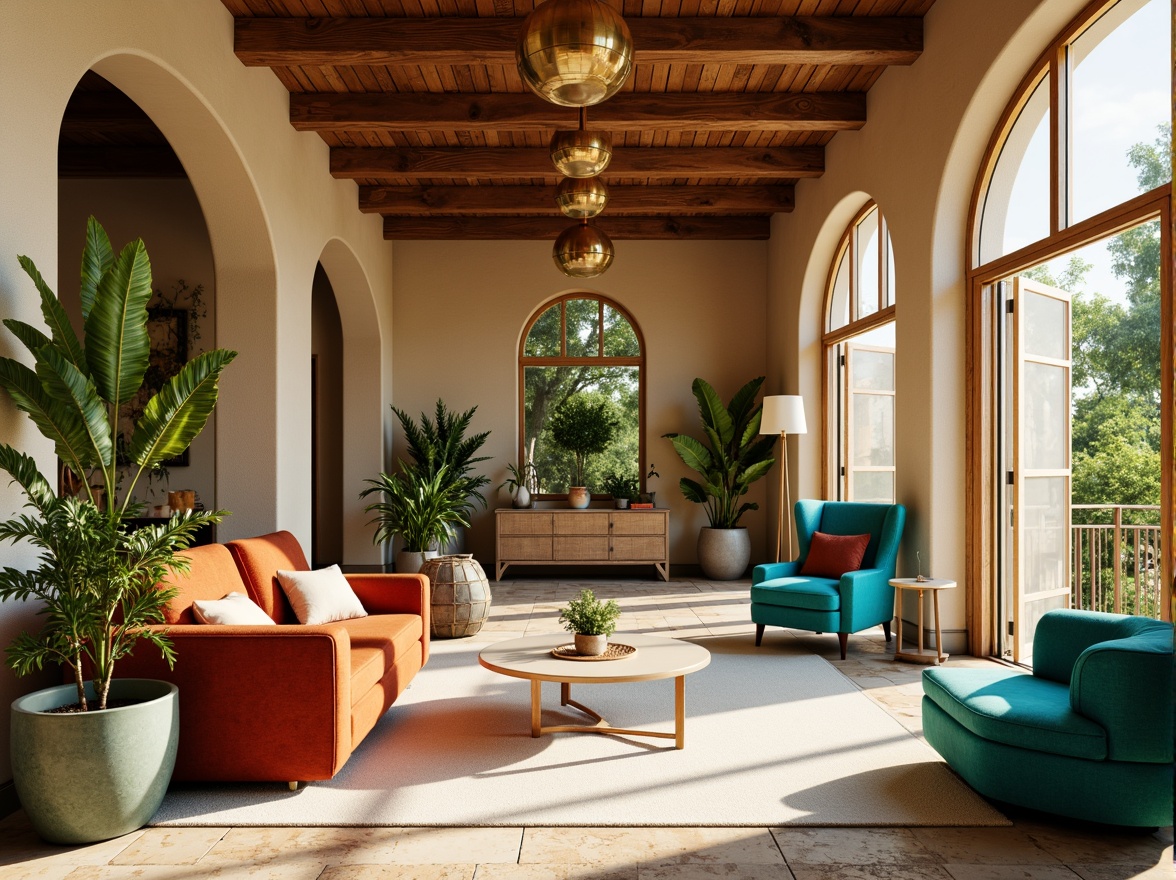 Prompt: Vibrant home interior, warm beige walls, rich wood accents, plush velvet furniture, bold turquoise decor, metallic gold lighting fixtures, soft cream-colored rugs, natural stone flooring, lush greenery, abundant sunlight, shallow depth of field, 1/1 composition, realistic textures, ambient occlusion.