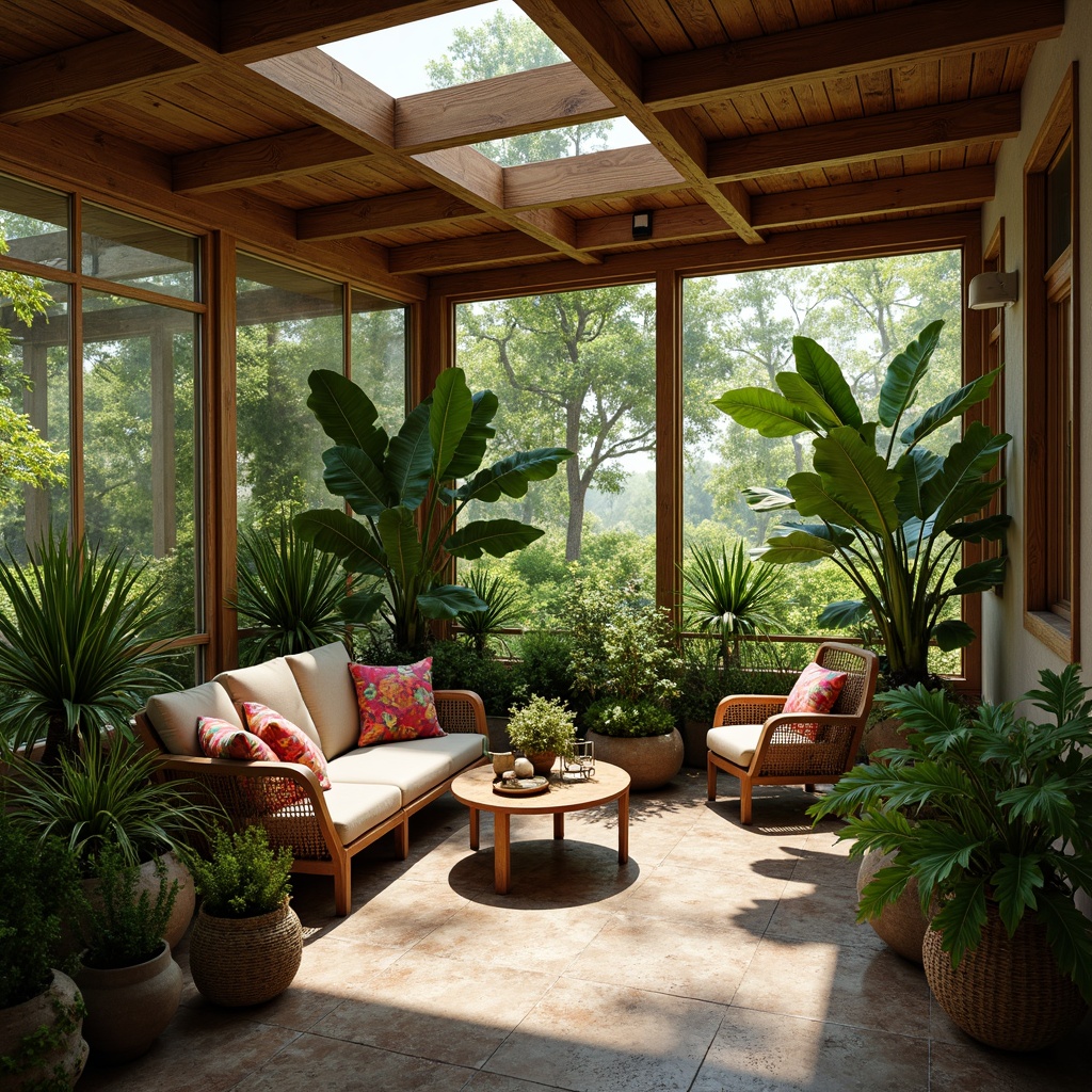 Prompt: Cozy sunroom, lush greenery, tropical plants, natural stone flooring, wooden beams, large skylights, sliding glass doors, rattan furniture, vibrant colorful throw pillows, woven baskets, organic textures, warm ambient lighting, shallow depth of field, 1/1 composition, panoramic view, realistic plant models, detailed leaf textures.