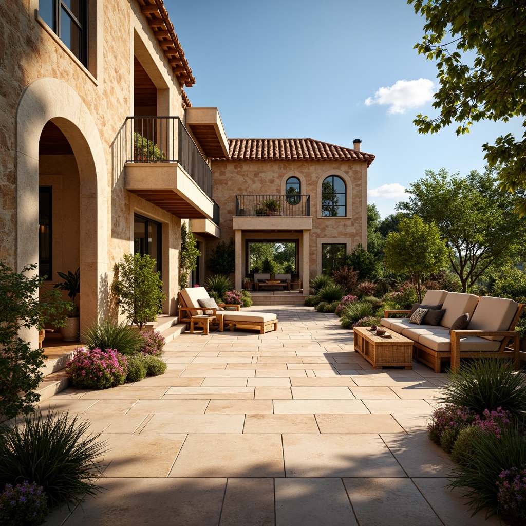 Prompt: Warm Mediterranean villa, rustic stone walls, arched windows, terracotta roof tiles, lush greenery, vibrant flowers, sunny day, warm beige flooring, handcrafted ceramic tiles, natural stone patterns, distressed wood accents, earthy color palette, soft warm lighting, shallow depth of field, 3/4 composition, panoramic view, realistic textures, ambient occlusion.