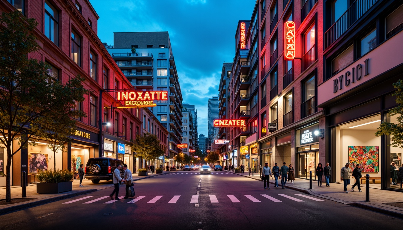 Prompt: Vibrant cityscape, bustling streets, eclectic architecture, bold color schemes, contrasting textures, dynamic lighting, neon signs, abstract murals, geometric patterns, ornate details, intricate stonework, symmetrical compositions, central focal point, radial balance, atmospheric perspective, high contrast ratio, dramatic shadows, warm ambient glow, cinematic framing.