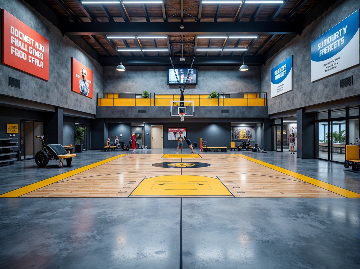 Prompt: Modern gymnasium interior, polished concrete floors, sleek metallic accents, streamlined sports equipment, minimalist court lines, vibrant color schemes, indirect LED lighting, high ceilings, expansive open spaces, industrial-chic design elements, rubberized flooring, shock-absorbing surfaces, integrated sound systems, motivational quotes, futuristic athletic atmosphere, shallow depth of field, 3/4 composition, panoramic view, realistic textures, ambient occlusion.