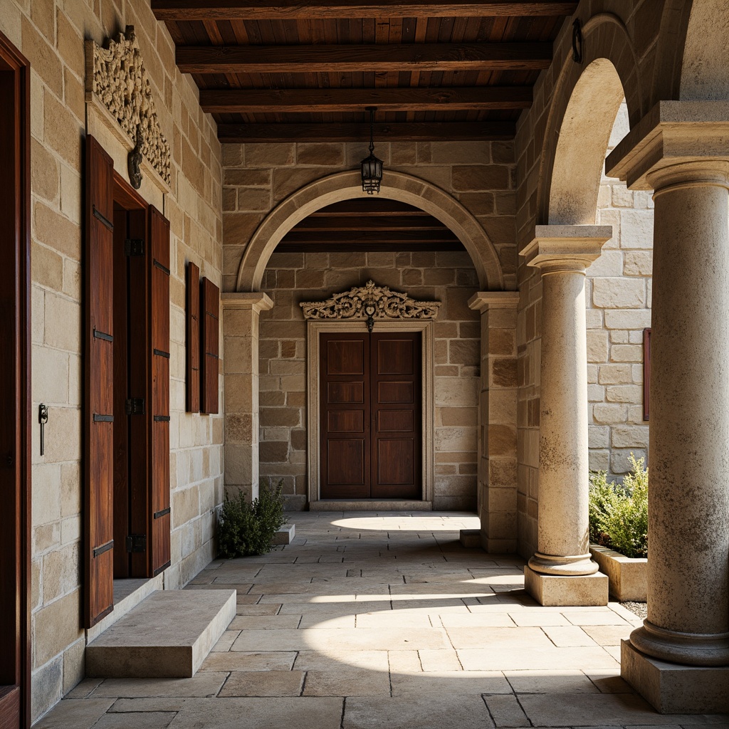 Prompt: Weathered stone walls, rusty metal accents, wooden shutters, ornate carvings, grand entranceways, stately columns, intricate moldings, vintage door hardware, distressed finishes, earthy color palette, natural light pouring in, shallow depth of field, 3/4 composition, warm soft lighting, ambient occlusion.