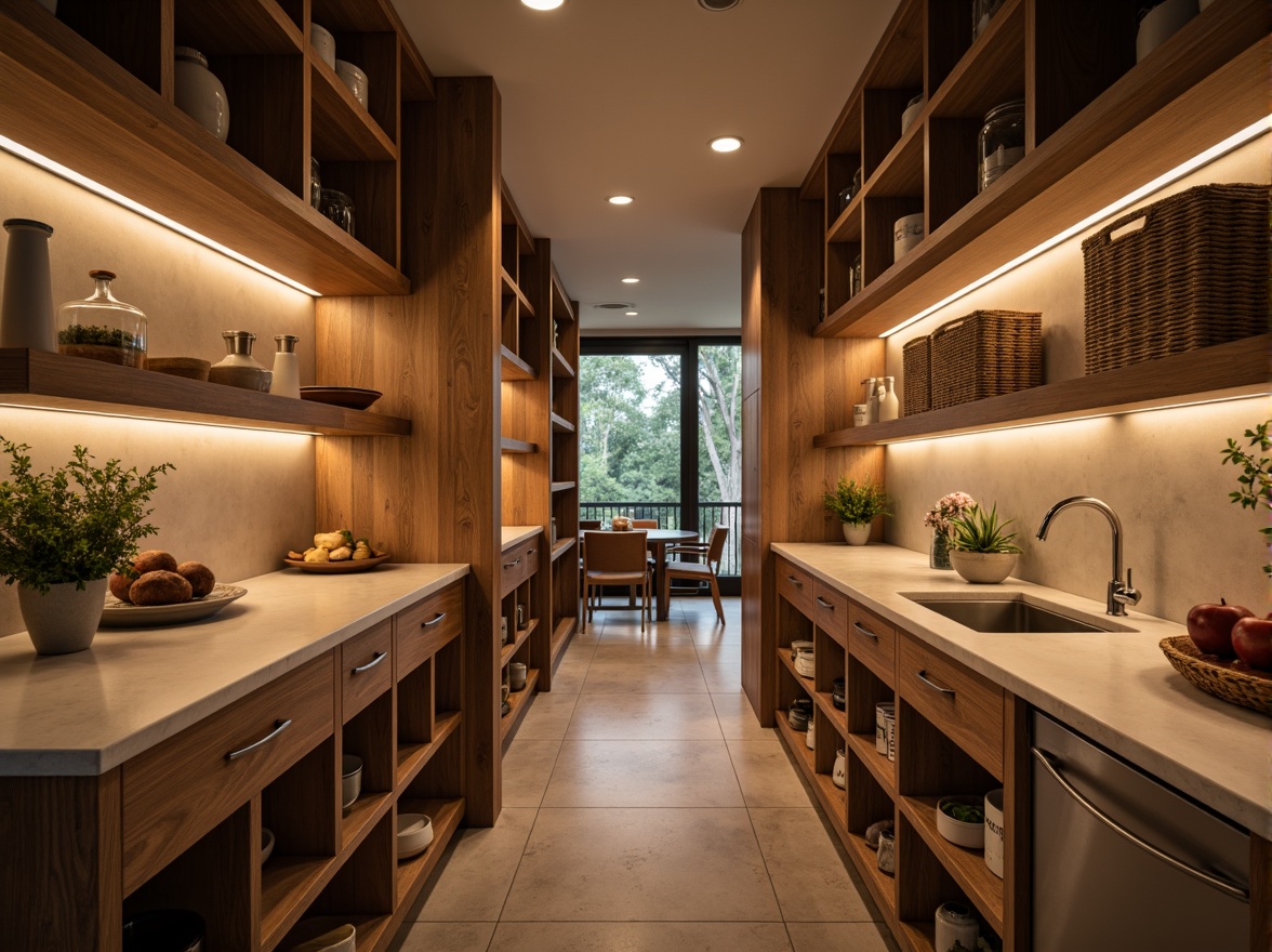 Prompt: Modern pantry interior, warm LED lighting, soft ambient glow, recessed ceiling lights, under-cabinet task lighting, sleek chrome fixtures, glass shelves, polished quartz countertops, rustic wooden accents, earthy tone color scheme, cozy atmosphere, morning sunlight, shallow depth of field, 1/2 composition, realistic textures, subtle shadows.