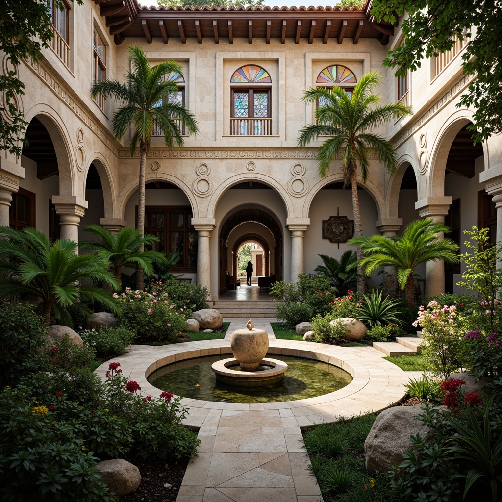 Prompt: Tranquil monastery courtyard, lush tropical vegetation, exotic flowers, ornate stone carvings, intricately designed arches, wooden beam ceilings, rustic brick walls, stained glass windows, vibrant tile mosaics, tranquil water features, Koi ponds, meditation gardens, palm tree-lined walkways, warm natural lighting, soft shadows, 1/2 composition, symmetrical framing, realistic textures, atmospheric fog.Please let me know if this meets your requirements!