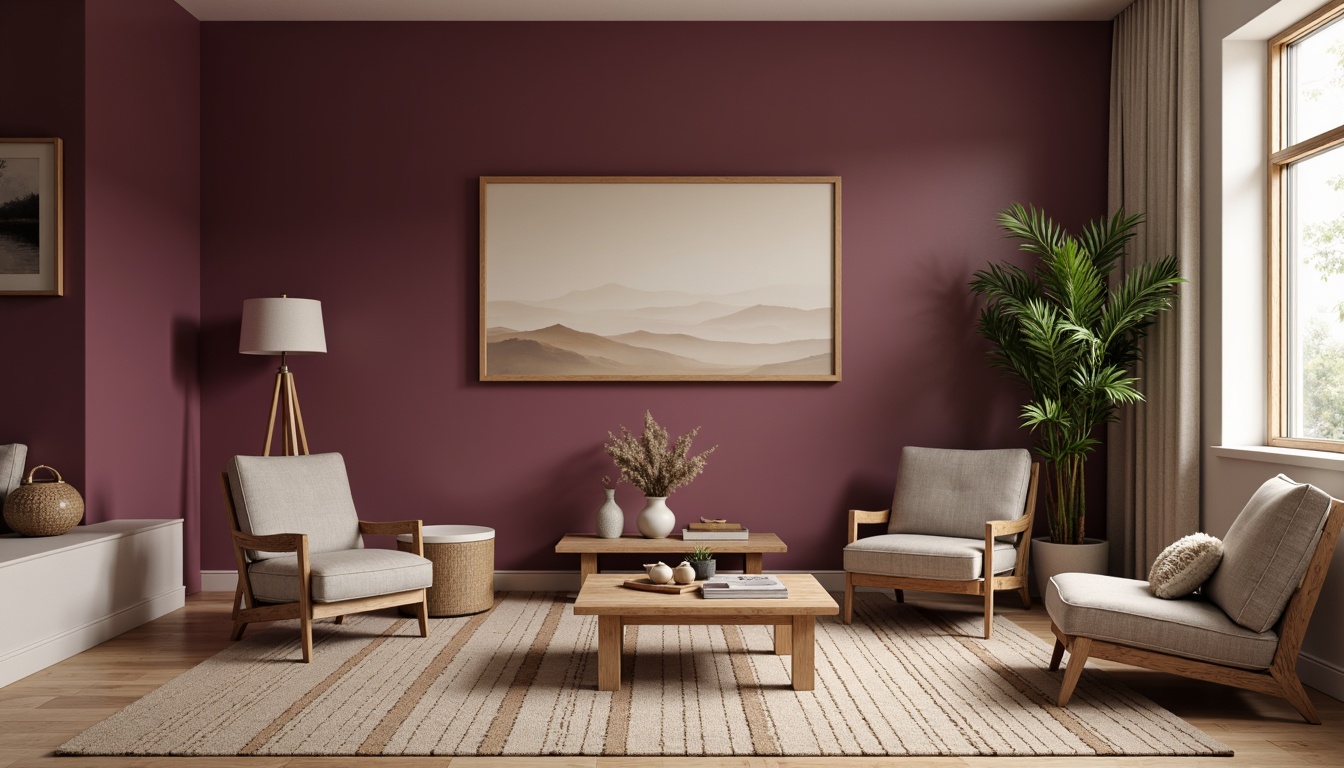 Prompt: Scandinavian interior, heliotrope accent walls, rich berry tones, minimalist decor, natural wood textures, geometric patterns, monochromatic color scheme, cozy ambiance, soft diffused lighting, 1/1 composition, intimate atmosphere, rustic wooden furniture, woven textiles, earthy ceramics, organic shapes, subtle gradient effects, warm beige background, nature-inspired motifs.