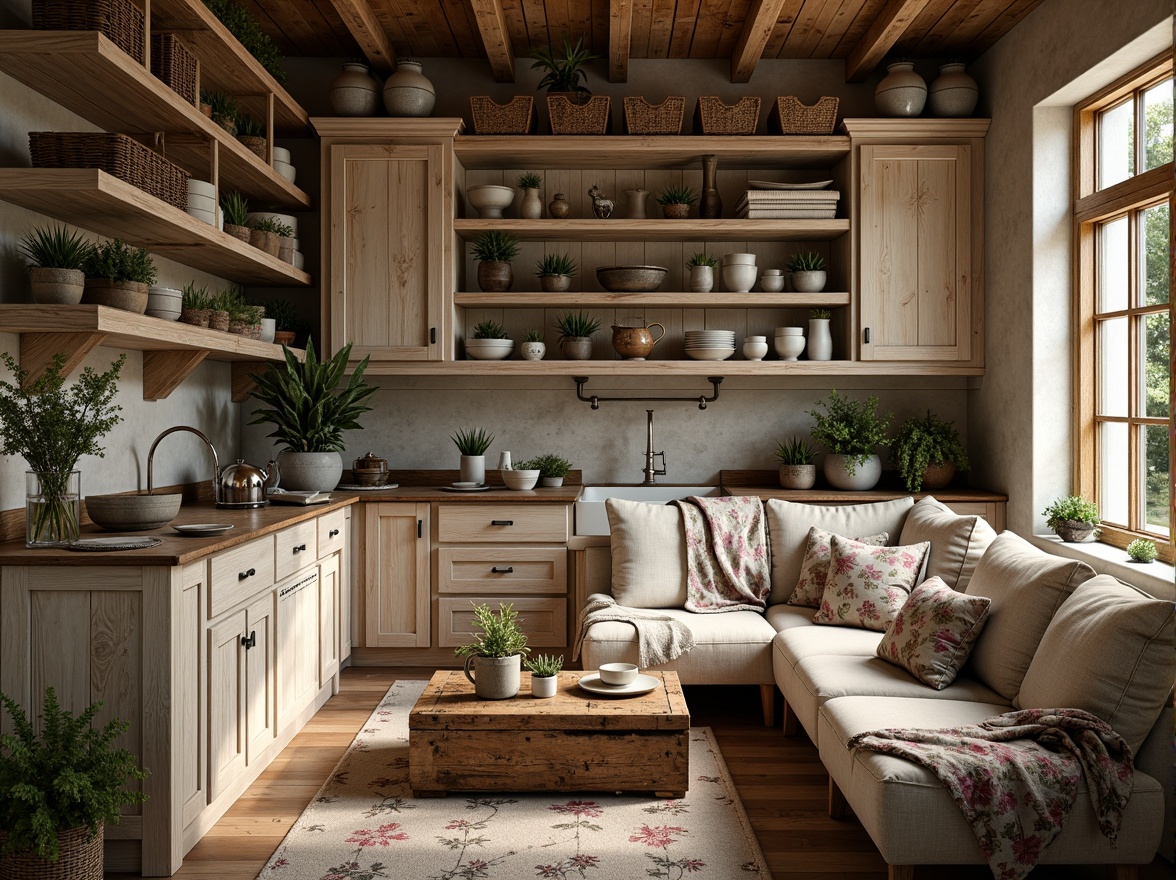 Prompt: Rustic farmhouse setting, vintage wooden accents, distressed finishes, natural fabrics, earthy color palette, woven baskets, potted greenery, antique metalware, reclaimed wood shelves, plush throw blankets, galvanized steel decorations, linen upholstery, floral patterns, soft warm lighting, shallow depth of field, 1/1 composition, realistic textures, ambient occlusion.