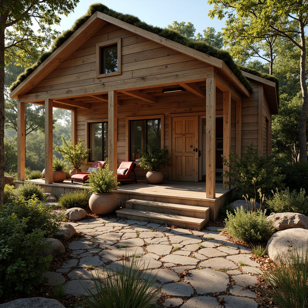 Prompt: Rustic wooden cabin, earthy tones, weathered wood planks, natural stone walls, moss-covered roofs, vintage metal accents, warm beige colors, rich brown hues, soft sage greens, muted terracotta reds, distressed finishes, rough-hewn textures, cozy ambient lighting, shallow depth of field, 2/3 composition, warm sunlight filtering through trees.