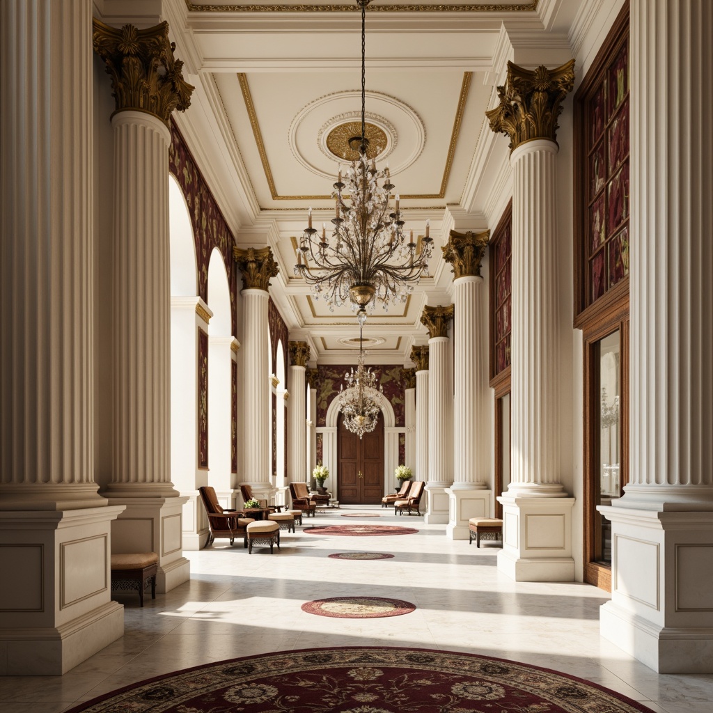 Prompt: Elegant column capitals, ornate moldings, rich marble surfaces, creamy white walls, polished bronze fixtures, crystal chandeliers, luxurious velvet drapes, intricately patterned rugs, neoclassical arches, symmetrical compositions, dramatic ceiling heights, soft warm lighting, subtle shadows, 1/1 composition, realistic textures, ambient occlusion.