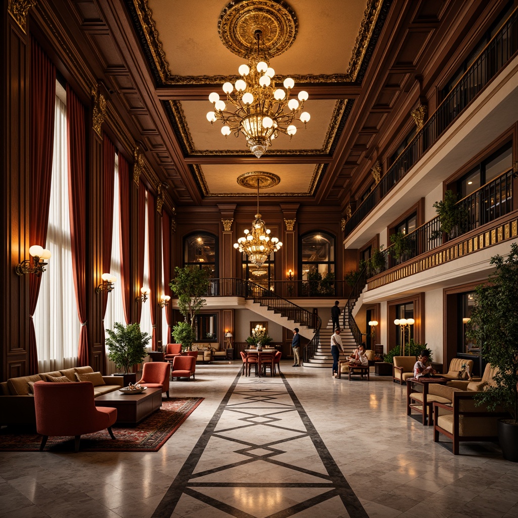 Prompt: Luxurious hotel lobby, grand chandeliers, intricately carved wooden furniture, ornate mirrors, gilded frames, velvet drapes, marble floors, sweeping staircases, dramatic archways, lavish furnishings, rich tapestries, golden accents, crystal fixtures, opulent textiles, regal atmosphere, soft warm lighting, high-contrast shadows, detailed moldings, 1/1 composition, cinematic view, realistic reflections, ambient occlusion.