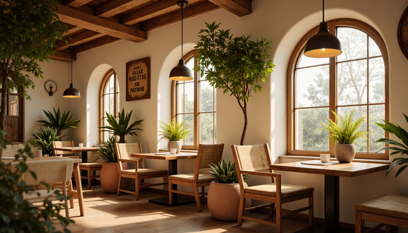 Prompt: Cozy breakfast nook, warm golden lighting, pendant lamps, rustic wooden accents, soft cream-colored walls, vintage metal signs, distressed wood tables, woven wicker chairs, natural linen upholstery, earthy terracotta planters, lush greenery, morning sunlight, shallow depth of field, 1/1 composition, realistic textures, ambient occlusion.