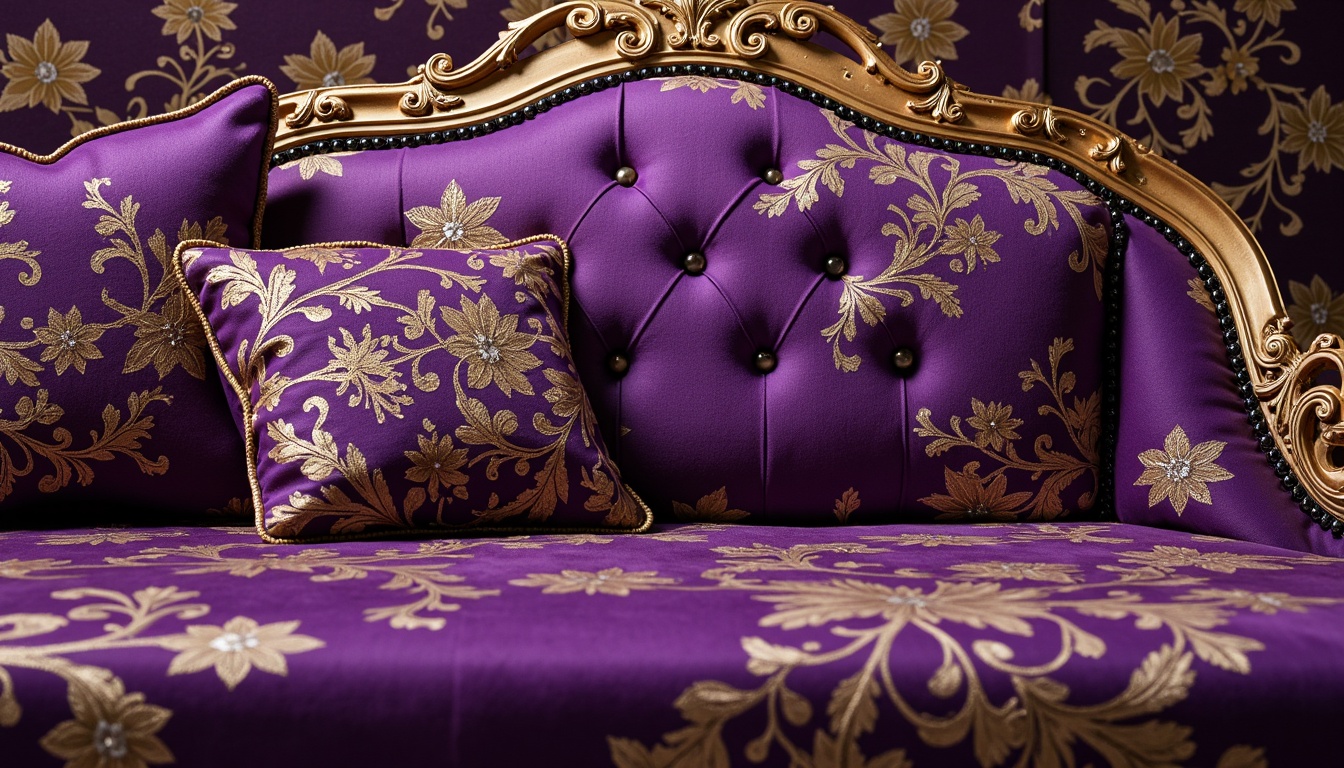 Prompt: Luxurious fabrics, intricately patterned brocades, soft silk textures, delicate florals, ornate gold embroidery, lavish velvet drapes, richly colored taffeta, opulent satin finishes, whimsical lace trims, dainty pearls, crystal beading, indulgent tufting, regal purple hues, majestic baroque motifs, elegant 18th-century inspirations, refined French aesthetics, sophisticated ornateness, exquisite craftsmanship, intricate Rococo patterns.