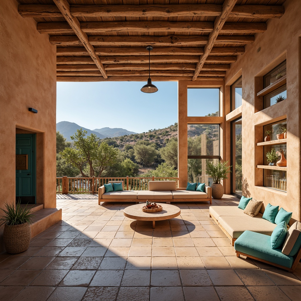 Prompt: Earth-toned adobe walls, rustic wooden beams, natural stone floors, turquoise accents, southwestern patterned tiles, cacti plants, desert landscape, warm sunny day, clear blue sky, large windows, sliding glass doors, minimalist exhibit spaces, reclaimed wood shelving, earthy color palette, woven textiles, Native American-inspired motifs, organic shapes, soft warm lighting, shallow depth of field, 3/4 composition, panoramic view, realistic textures, ambient occlusion.