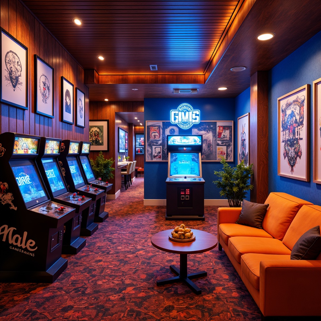 Prompt: Vibrant game room, neon-lit arcade machines, rich wood accents, bold graphic prints, electric blue walls, bright orange furniture, metallic silver trim, retro-futuristic vibe, cozy corner nooks, plush carpeting, warm ambient lighting, shallow depth of field, 3/4 composition, panoramic view, realistic textures, ambient occlusion.